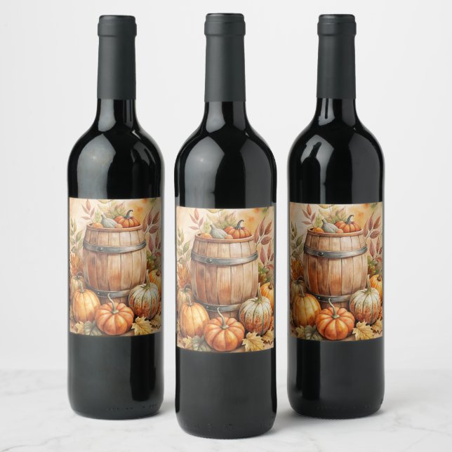 Barrel with Pumpkins Fall Wine Label (Bottles)