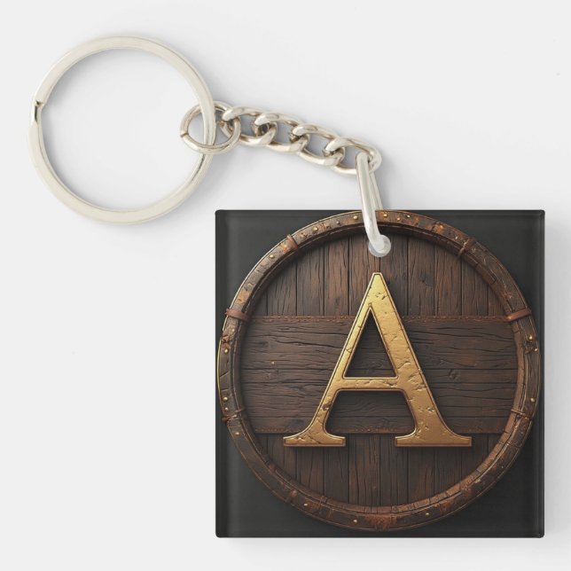 Barrel Wood Monogram A Initial Badge Frame 🔑 Keychain (Front)