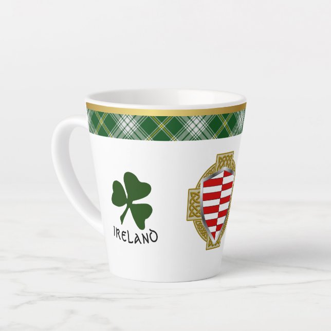 Barrett Irish Shield & Tartan Personalized Latte Mug (Left Angle)