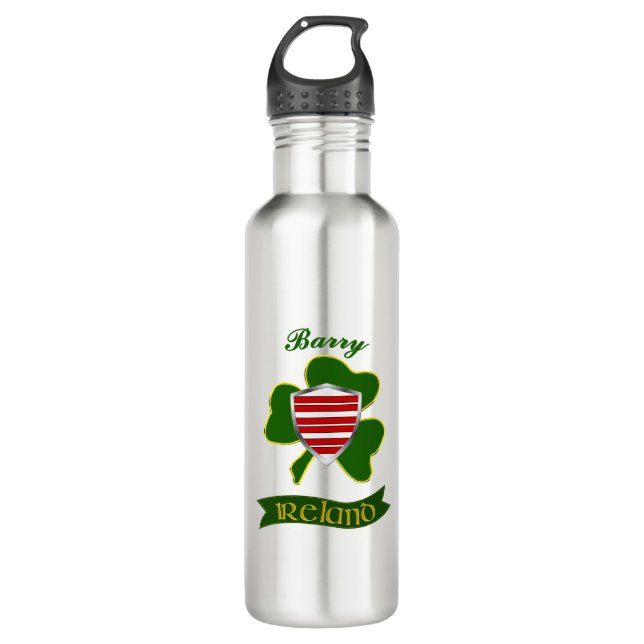 Barry Irish Shield & Shamrock Personalized  Stainless Steel Water Bottle (Front)