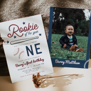 BARRY Rookie of the Year Baseball 1st Birthday Inv Invitation