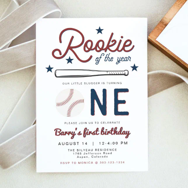 BARRY Rookie of the Year Baseball 1st Birthday Invitation | Zazzle