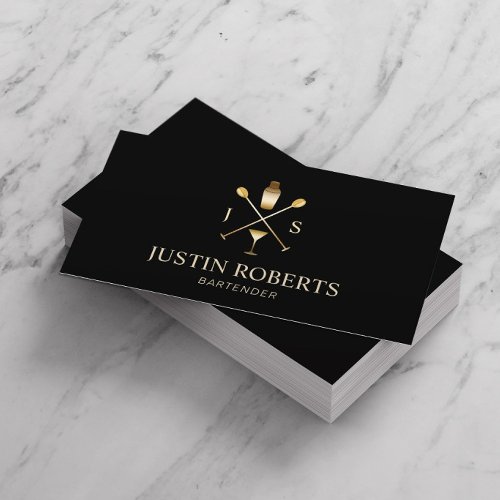 Bartender Bar Club Modern Black  Gold Business Card