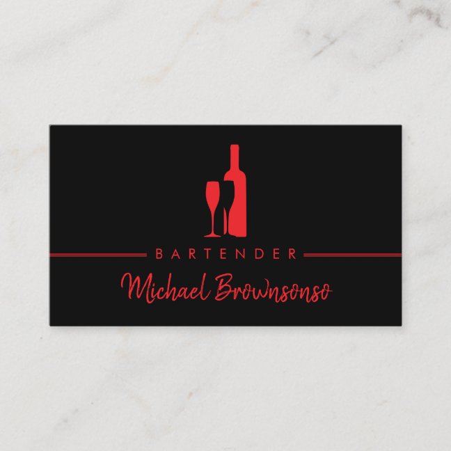 Bartender Bar Club Modern Black red Business Card