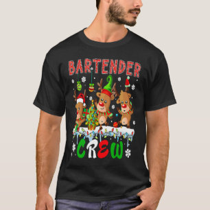 Bartender Crew Three Cute Santa Elf Reindeers Xmas T-Shirt