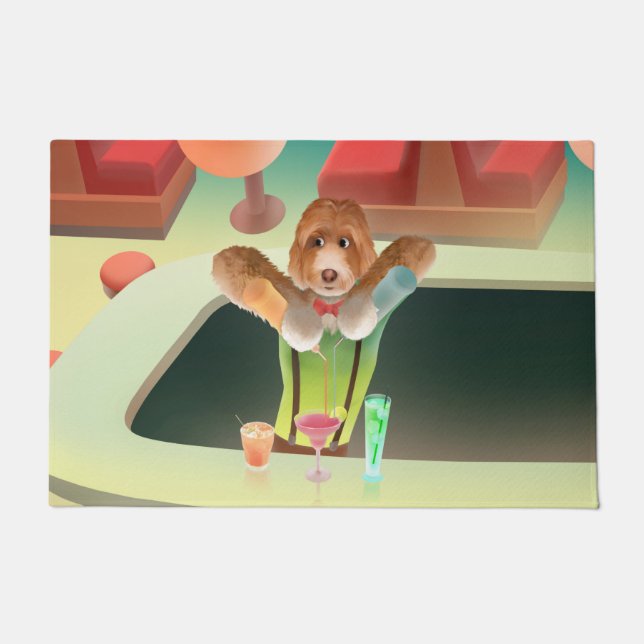 Bartender Dog: Neon Bar & Cocktail Mixology Doormat (Front)