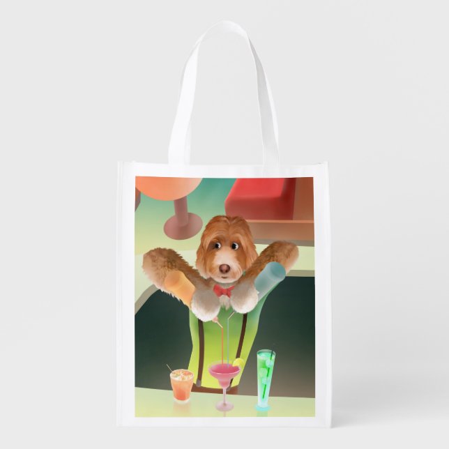 Bartender Dog: Neon Bar & Cocktail Mixology Grocery Bag (Front)
