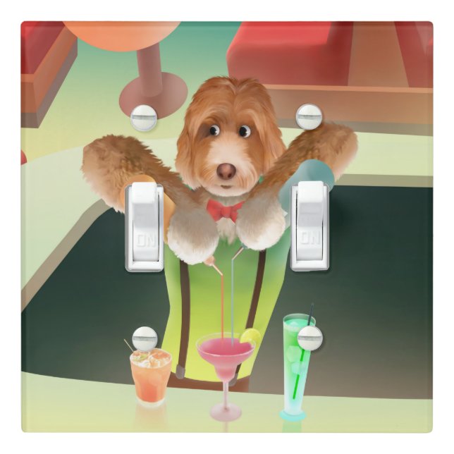 Bartender Dog: Neon Bar & Cocktail Mixology Light Switch Cover (In Situ)
