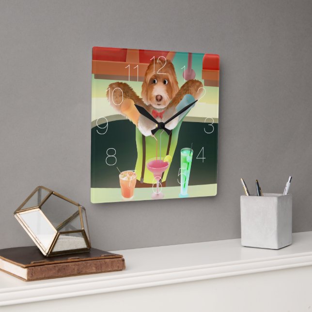 Bartender Dog: Neon Bar & Cocktail Mixology Square Wall Clock (Office)