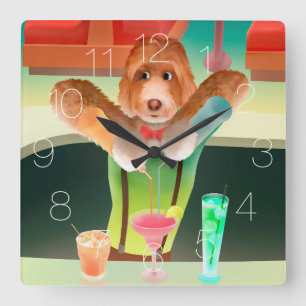 Bartender Dog: Neon Bar & Cocktail Mixology Square Wall Clock