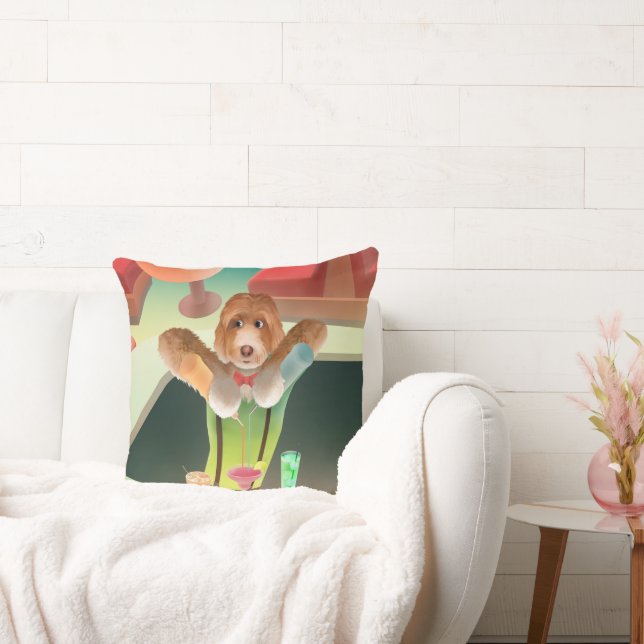 Bartender Dog: Neon Bar & Cocktail Mixology Throw Pillow (Couch)