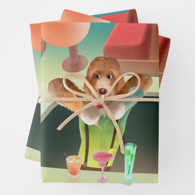 Bartender Dog: Neon Bar & Cocktail Mixology Wrapping Paper Sheets (In situ)