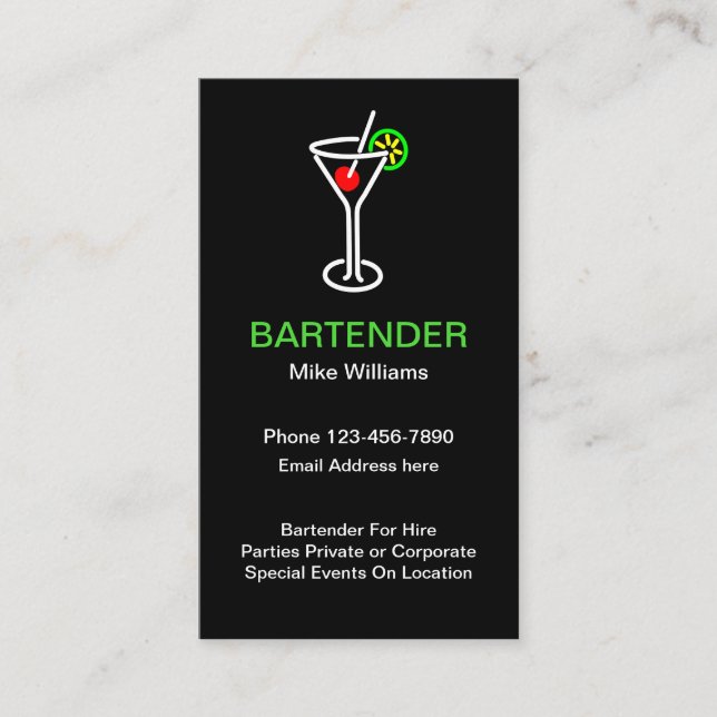Bartender For Hire Business Card (Front)