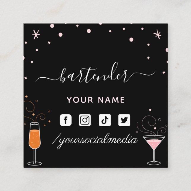 Bartender Glamorous Cocktail Signature Calligraphy Square Business Card (Front)