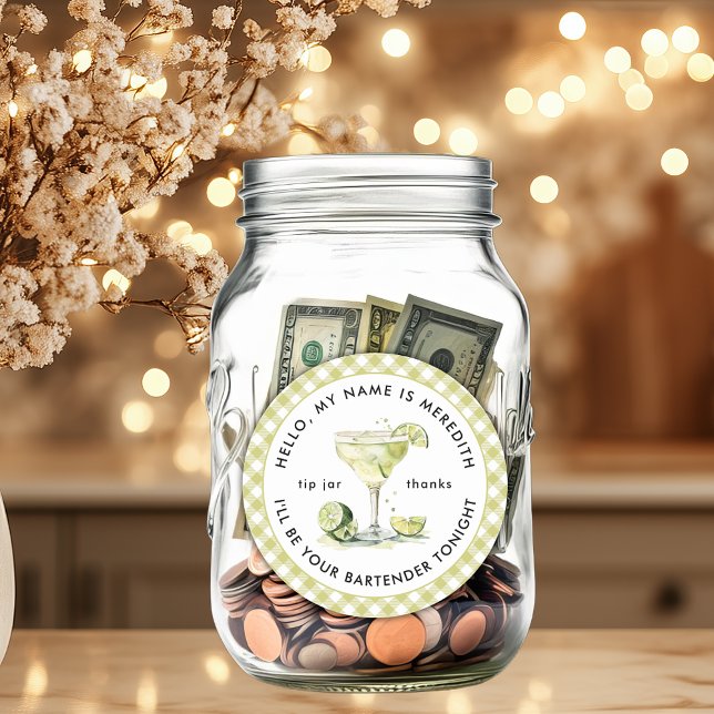 Bartender Margarita Cocktail Tip Jar Classic Round Sticker (Bartender Margarita Cocktail Theme Personalized Tip Jar Sticker)