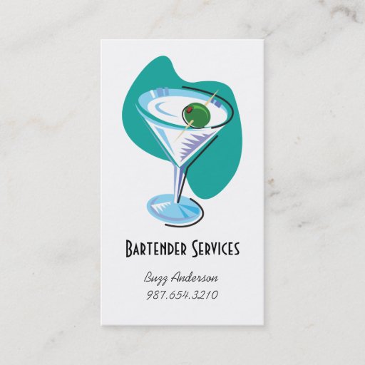 Customizable bartender martini glass_teal business card template