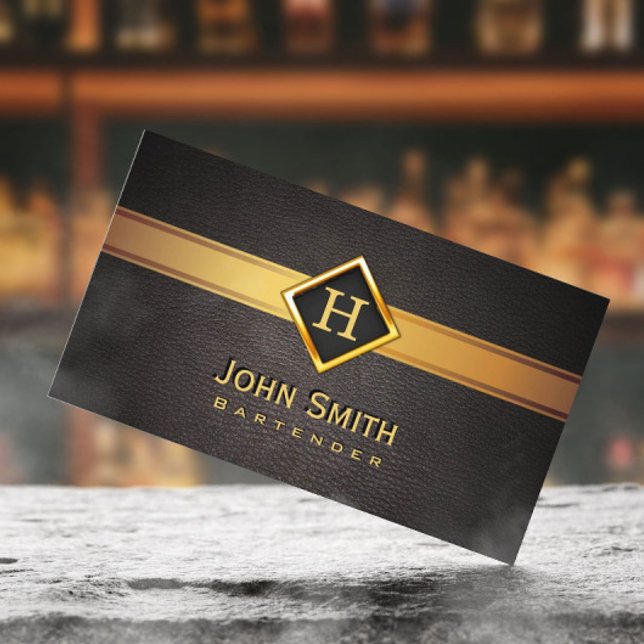 Bartender Monogram Gold Logo Elegant Leather Business Card (Creator Uploaded)