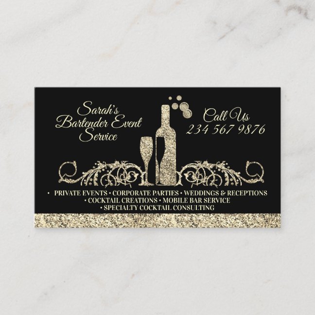 Bartender sparkling gold printed business card