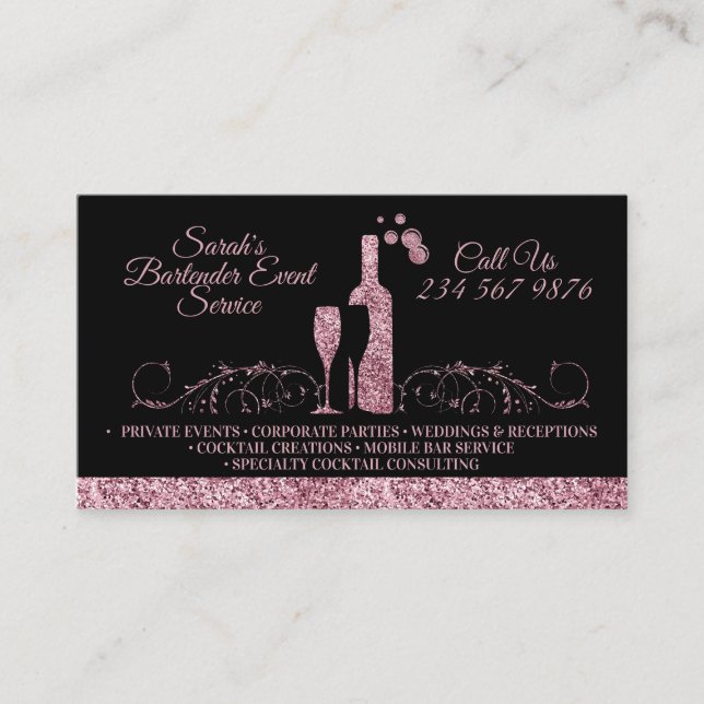 Bartender sparkling pink Black Business Card (Front)