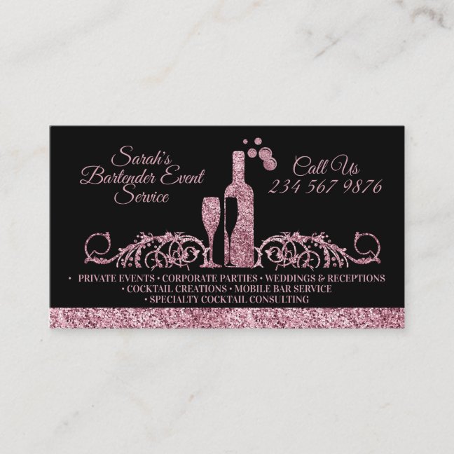 Bartender sparkling pink Black Business Card