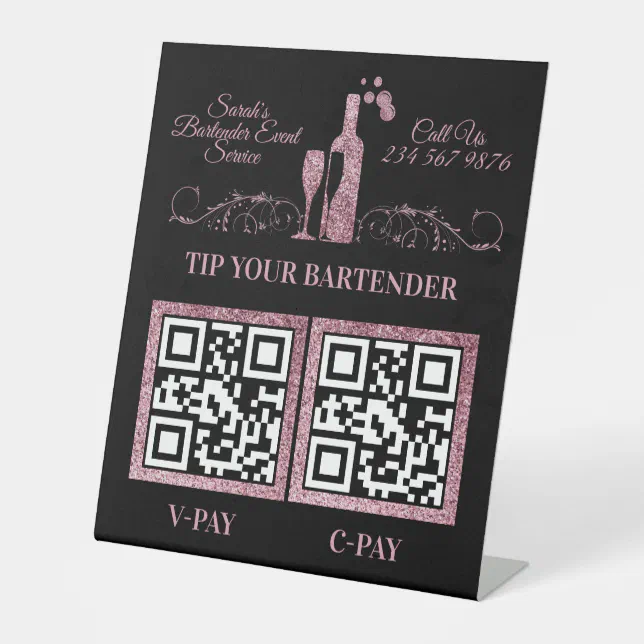 Bartender sparkling pink SCAN TO PAY QR CODES Pedestal Sign | Zazzle