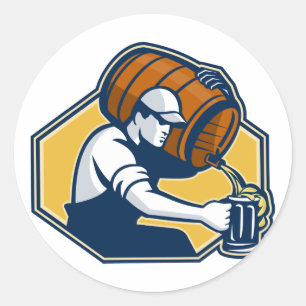 Bartender Worker Pouring Beer From Barrel To Mug Classic Round Sticker