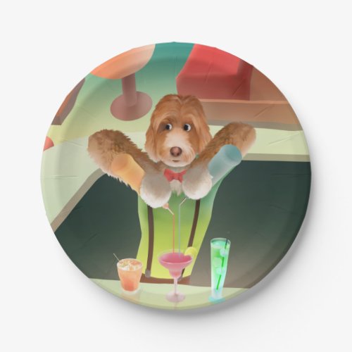 Bartending Dog in Retro Bar Paper Plates