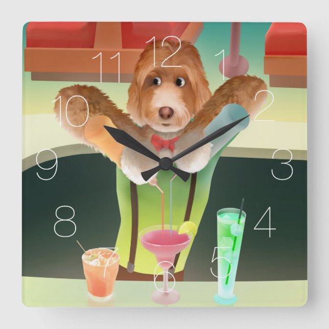 Bartending Dog in Retro Bar Square Wall Clock (Front)