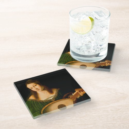 Bartolomeo Veneto Lady Playing Lute Portrait Art Glass Coaster