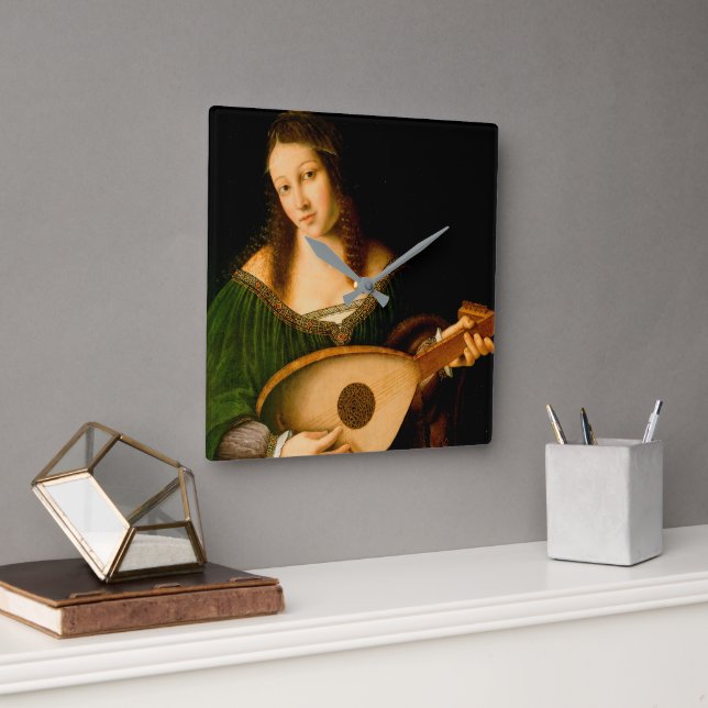 Bartolomeo Veneto Lady Playing Lute Portrait Art Square Wall Clock (Office)