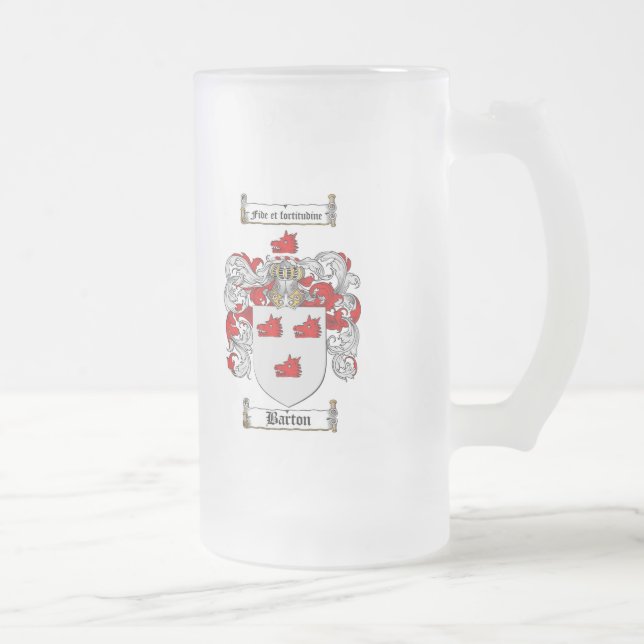 BARTON FAMILY CREST -  BARTON COAT OF ARMS FROSTED GLASS BEER MUG (Right)