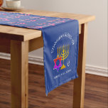 Baruch Atah Adonai CUSTOMIZABLE | Chanukah Short Table Runner<br><div class="desc">Elegant mid blue CHANUKAH Table Runner, showing with colorful Star of David in a tiled pattern. At both ends there is a design of a menorah, Star of David and dreidel plus CUSTOMIZABLE TEXT that says CHANUKAH BLESSINGS and BARUCH ATAH, ADONAI (Blessed are You, O Lord) which you can personalize...</div>