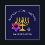 BARUCH ATAH ADONAI | Hanukkah Blessing Prayer Square Business Card<br><div class="desc">Stylish, elegant Prayer Card for your HANUKKAH season. Design shows a gold colored MENORAH with multicolored STAR OF DAVID and silver gray DREIDEL. At the top there is curved text which says BARUCH ATAH, ADONAI (Blessed are You, O God) and underneath the text reads HANUKKAH BLESSINGS. On the reverse, the...</div>