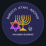 BARUCH ATAH ADONAI | Hanukkah Blessings Classic Round Sticker<br><div class="desc">Stylish, modern HANUKKAH stickers. Design shows a gold colored MENORAH with multicolored STAR OF DAVID and silver gray DREIDEL. At the top there is curved text which says BARUCH ATAH, ADONAI (Blessed are You, O God) and underneath the text reads HANUKKAH BLESSINGS. ALL TEXT IS CUSTOMIZABLE, so you can personalize...</div>