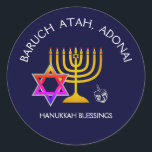 BARUCH ATAH ADONAI | Hanukkah Blessings Classic Round Sticker<br><div class="desc">Stylish, modern HANUKKAH stickers. Design shows a gold colored MENORAH with multicolored STAR OF DAVID and silver gray DREIDEL. At the top there is curved text which says BARUCH ATAH, ADONAI (Blessed are You, O God) and underneath the text reads HANUKKAH BLESSINGS. ALL TEXT IS CUSTOMIZABLE, so you can personalize...</div>