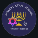 BARUCH ATAH ADONAI | Hanukkah Blessings Classic Round Sticker<br><div class="desc">Stylish, modern HANUKKAH stickers. Design shows a gold colored MENORAH with multicolored STAR OF DAVID and silver gray DREIDEL. At the top there is curved text which says BARUCH ATAH, ADONAI (Blessed are You, O God) and underneath the text reads HANUKKAH BLESSINGS. ALL TEXT IS CUSTOMIZABLE, so you can personalize...</div>