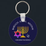 BARUCH ATAH ADONAI | Hanukkah Blessings Keychain<br><div class="desc">Stylish, elegant HANUKKAH BLESSING Keychain. Design shows a gold colored MENORAH with multicolored STAR OF DAVID and silver gray DREIDEL. At the top there is curved text which says BARUCH ATAH, ADONAI (Blessed are You, O God) and underneath the text reads HANUKKAH BLESSINGS. ALL TEXT IS CUSTOMIZABLE, so you can...</div>