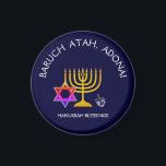BARUCH ATAH ADONAI | Hanukkah Blessings Magnet<br><div class="desc">Stylish, elegant HANUKKAH BLESSINGS Magnet. Design shows a gold colored MENORAH with multicolored STAR OF DAVID and silver gray DREIDEL. At the top there is curved text which says BARUCH ATAH, ADONAI (Blessed are You, O God) and underneath the text reads HANUKKAH BLESSINGS. ALL TEXT IS CUSTOMIZABLE, so you can...</div>