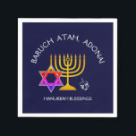 BARUCH ATAH ADONAI | Hanukkah Blessings Paper Napkins<br><div class="desc">Stylish, elegant HANUKKAH BLESSINGS Paper Napkins. Design shows a gold colored MENORAH with multicolored STAR OF DAVID and silver gray DREIDEL. At the top there is curved text which says BARUCH ATAH, ADONAI (Blessed are You, O God) and underneath the text reads HANUKKAH BLESSINGS. ALL TEXT IS CUSTOMIZABLE, so you...</div>