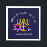 BARUCH ATAH ADONAI | Hanukkah Blessings Paper Napkins<br><div class="desc">Stylish, elegant HANUKKAH BLESSINGS Paper Napkins. Design shows a gold colored MENORAH with multicolored STAR OF DAVID and silver gray DREIDEL. At the top there is curved text which says BARUCH ATAH, ADONAI (Blessed are You, O God) and underneath the text reads HANUKKAH BLESSINGS. ALL TEXT IS CUSTOMIZABLE, so you...</div>