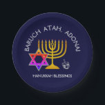 BARUCH ATAH ADONAI | Hanukkah Blessings Paper Plates<br><div class="desc">Stylish, elegant HANUKKAH BLESSINGS Paper Plates. Design shows a gold colored MENORAH with multicolored STAR OF DAVID and silver gray DREIDEL. At the top there is curved text which says BARUCH ATAH, ADONAI (Blessed are You, O God) and underneath the text reads HANUKKAH BLESSINGS. ALL TEXT IS CUSTOMIZABLE, so you...</div>