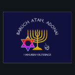 BARUCH ATAH ADONAI | Hanukkah Blessings Sign<br><div class="desc">Stylish, modern HANUKKAH BLESSINGS Yard Sign to enhance your kerb appeal. Design shows a gold colored MENORAH with multicolored STAR OF DAVID and silver gray DREIDEL. At the top there is curved text which says BARUCH ATAH, ADONAI (Blessed are You, O God) and underneath the text reads HANUKKAH BLESSINGS FROM...</div>