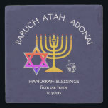 BARUCH ATAH ADONAI | Hanukkah Blessings Stone Coaster<br><div class="desc">Stylish, elegant Stone Coaster for your HANUKKAH table decor. Design shows a gold colored MENORAH with multicolored STAR OF DAVID and silver gray DREIDEL. At the top there is curved text which says BARUCH ATAH, ADONAI (Blessed are You, O God) and underneath the text reads HANUKKAH BLESSINGS FROM OUR HOME...</div>
