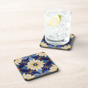Barware Dining Art Deco Deep Blue Gold Floral Beverage Coaster