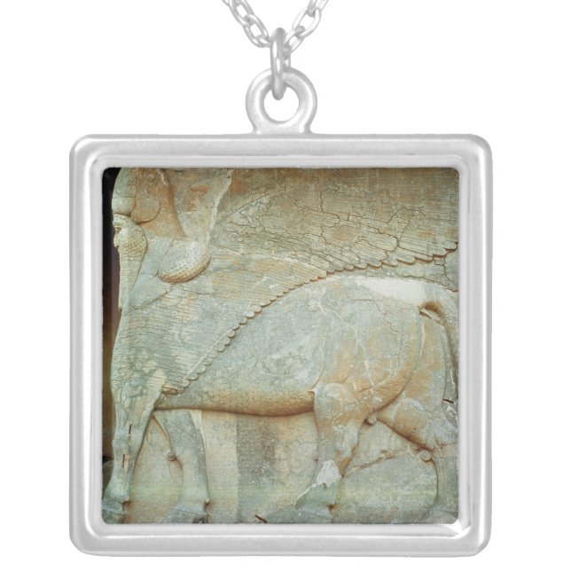 Bas-relief of an anthropomorphic bull silver plated necklace (Front)
