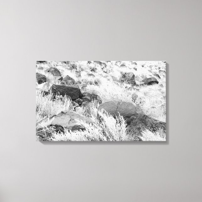 Basalt Lava Rocks in Desert, Black and White Photo Canvas Print (Front)