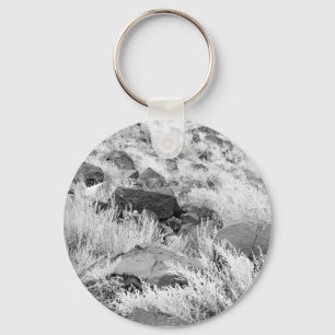 Basalt Lava Rocks in Desert, Black and White Photo Keychain