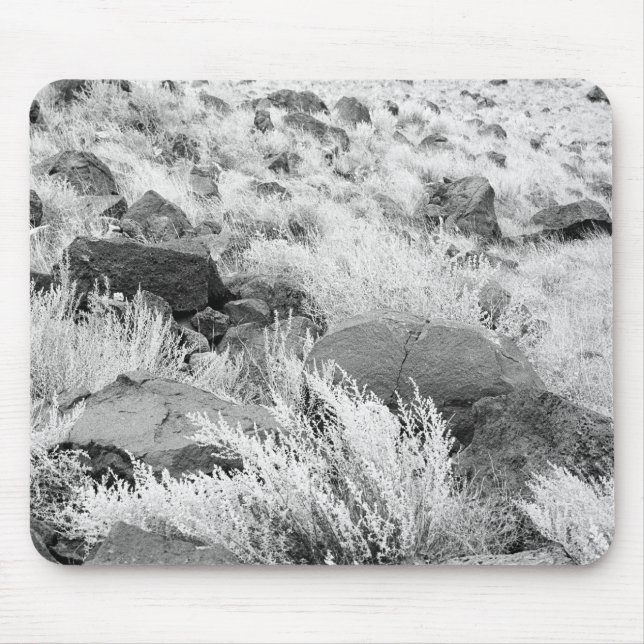 Basalt Lava Rocks in Desert, Black and White Photo Mouse Pad (Front)