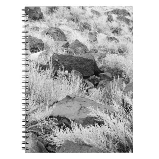 Basalt Lava Rocks in Desert, Black and White Photo Notebook