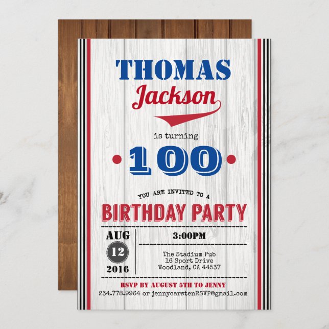 Baseball 100th birthday invitation. Rustic wood Invitation (Front/Back)